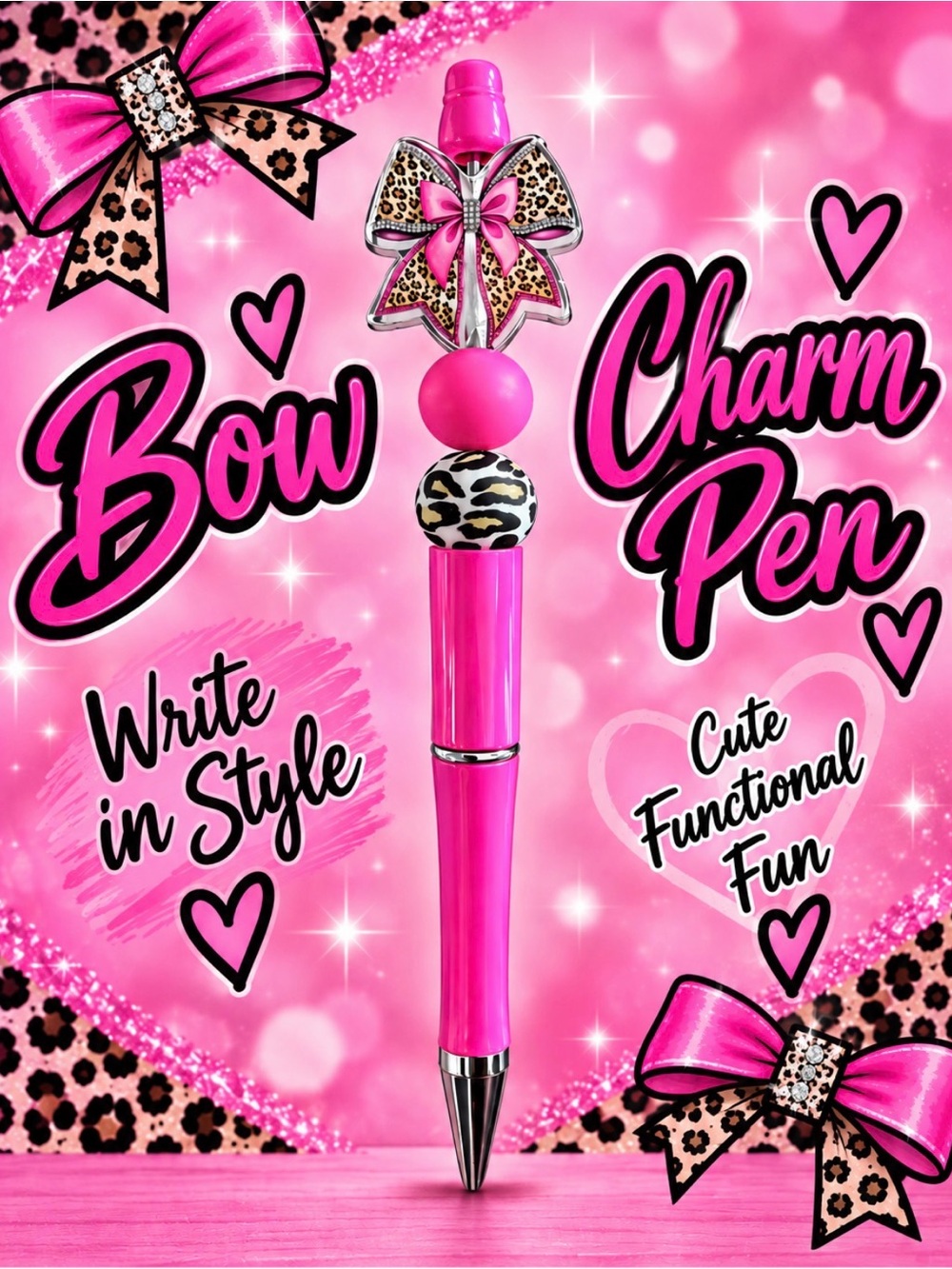 Bow Charm Pen - Pink Leopard Bow Design